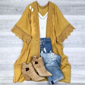Scallop Lace Trim Kimono | MUSTARD